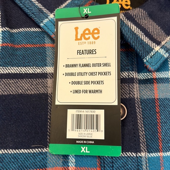 Lee flannel shirt jacket bonded w thermal lining size XL color blue Saxony NWT - Picture 2 of 7